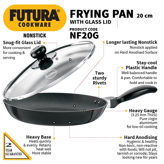 Hawkins Futura 20 cm Frying Pan, Non Stick Small Fry Pan with Glass Lid, Black (NF20G)