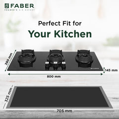Faber 3 Burner 80cm Eros Hob |Auto-Ignition|Metal Knobs| Cast Iron Pan Support |Hob/Cooktop Hybrid| Black Glass Finish |