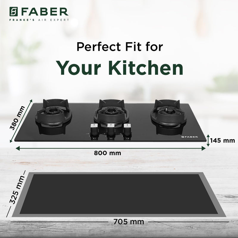 Faber 3 Burner 80cm Eros Hob |Auto-Ignition|Metal Knobs| Cast Iron Pan Support |Hob/Cooktop Hybrid| Black Glass Finish |
