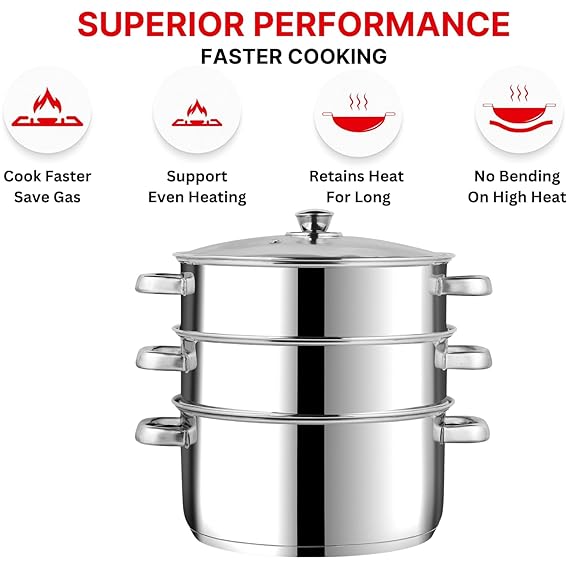 Vinod Stainless Steel 3 Tier Steamer Set (Induction Friendly) - 30 cm