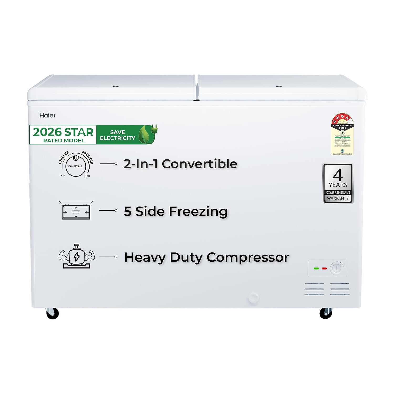Haier HFC-320DPW4, Double Door Convertible Deep Freezer, 5 Side Freezing, Dual Condenser, Inside Metal Liner with 70mm Puff Thickness (White 310L)