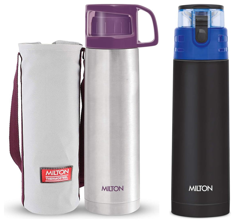 Milton Glassy 500 Thermosteel Vacuum Insulated Double Walled Flask with Drinking Cup lid & Jacket, 500 ml Water Bottles, 24 Hours Hot & Cold, Easy to Carry,Rust Proof, Tea, Coffee, Travel Bottle, Grey