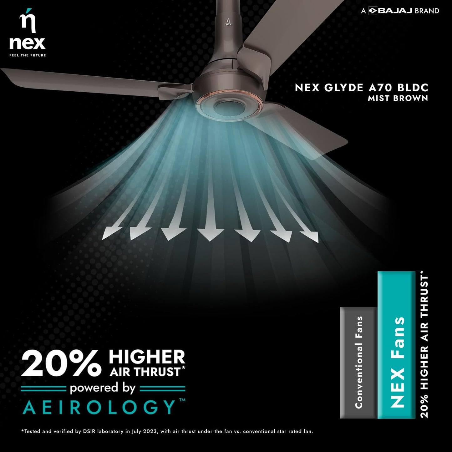 NNEX by BAJAJ Glyde A70 BLDC 1200 MM | BEE 5 Star Rated Premium Ceiling Fan with Remote | 20% Higher Air Thrust* | Airfluence™ Al Blades | 2-Yr Warranty | 5-Yr Motor Warranty 【Mist Brown】