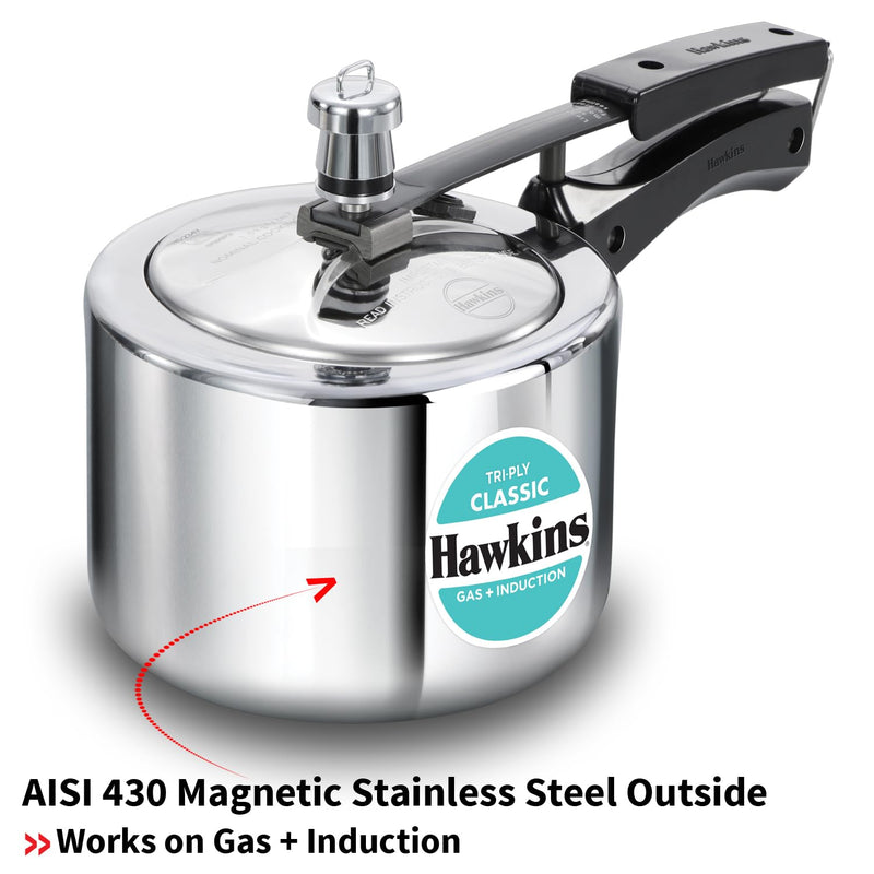Hawkins Triply 2 Litre Classic Pressure Cooker, Triply Stainless Steel Induction Inner Lid & Small Cooker, Silver (SSTCL20)