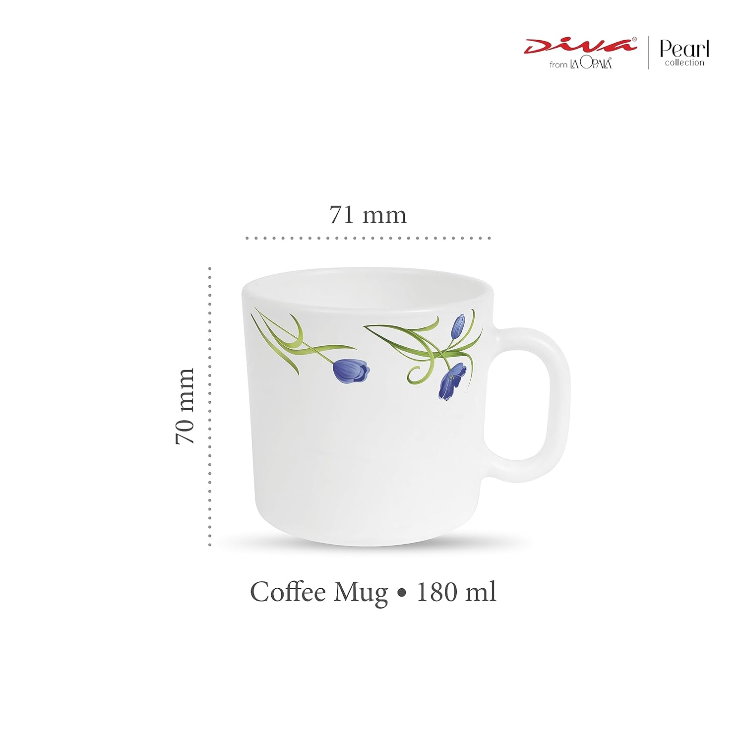 La Opala Diva, Pearl Collection Opal Glass Crockery | Coffee Mug Regular, Set of 6 | Turquoise Trims, 190 ml | for Tea & Coffee | Microwave Safe | 100% Vegetarian | Extra Strong | Super Light & White