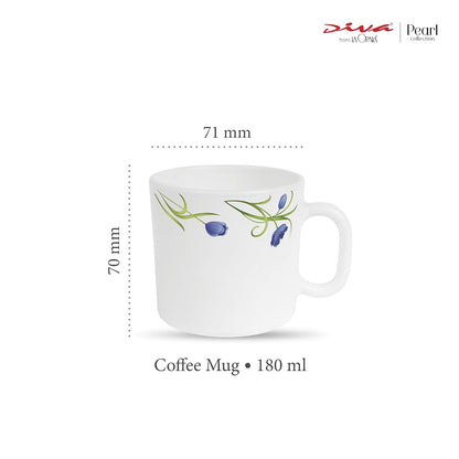 La Opala Diva, Pearl Collection Opal Glass Crockery | Coffee Mug Regular, Set of 6 | Turquoise Trims, 190 ml | for Tea & Coffee | Microwave Safe | 100% Vegetarian | Extra Strong | Super Light & White