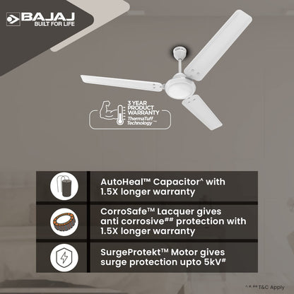 Bajaj Durato 12S1 1200MM (48") Ceiling Fans For Home | BEE Star Rated Energy Efficient Ceiling Fan | Thermatuff Technology™ | High Air Delivery & High Speed 400 RPM | 3-Yr Warranty 【White】