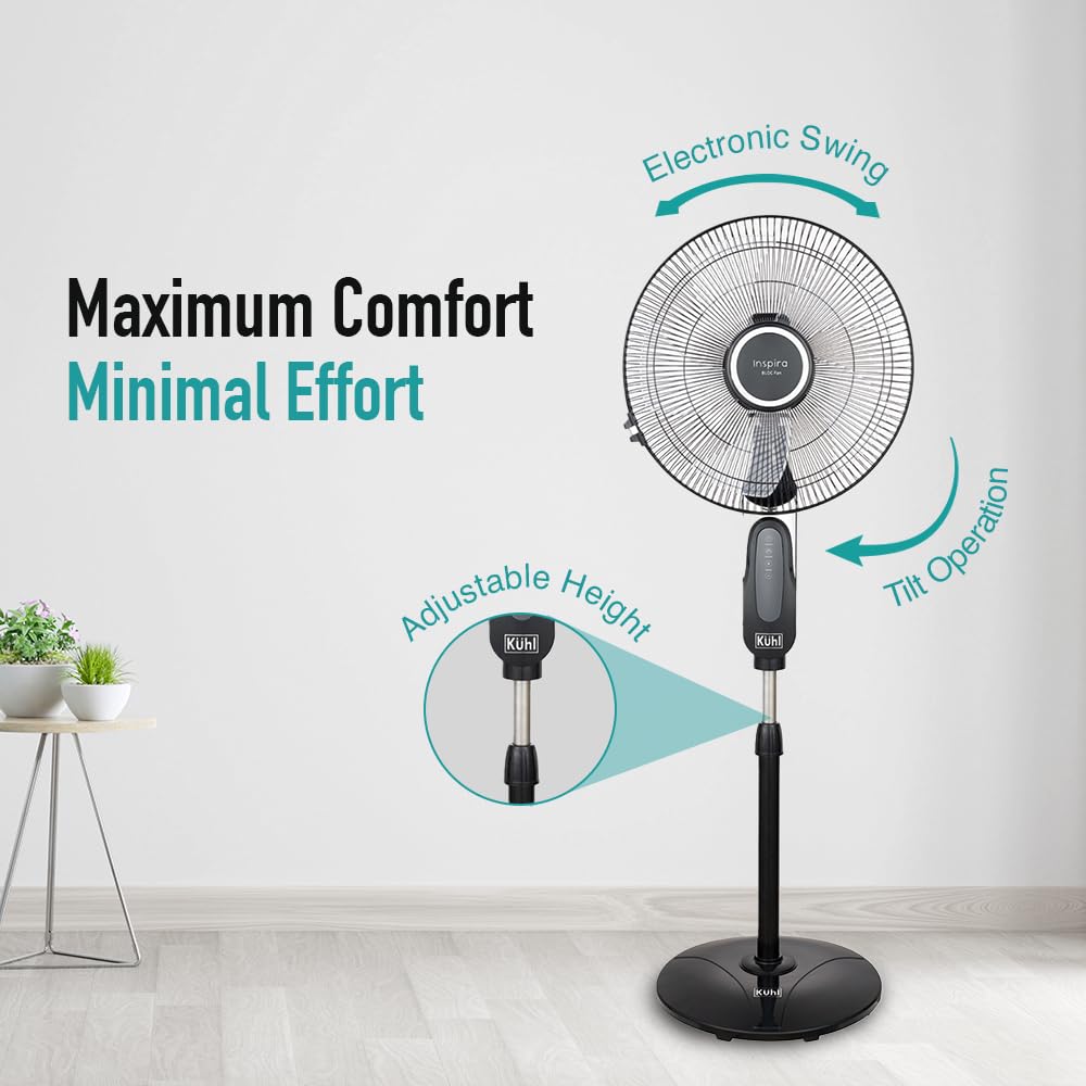 KUHL Inspira P1 | 400mm | BLDC Pedestal Fan with Remote | 5 wings | Touch Screen Control Panel | Height Adjustment | Tilt Mechanism, Swivel Function | Low Noise | Black