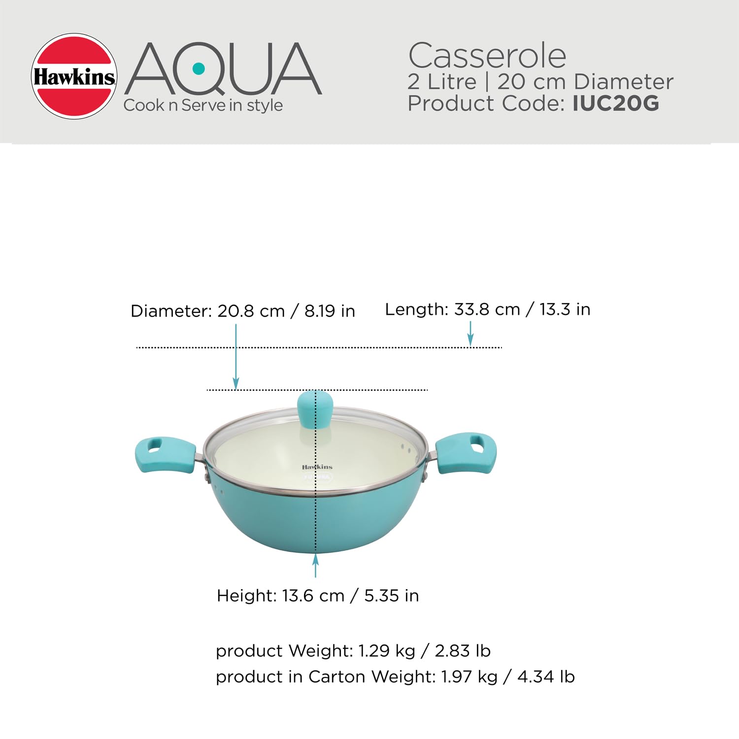 Hawkins 2 Litre Cook n Serve Casserole, Aqua Casserole with Glass Lid, Aqua Blue (IUC20G)