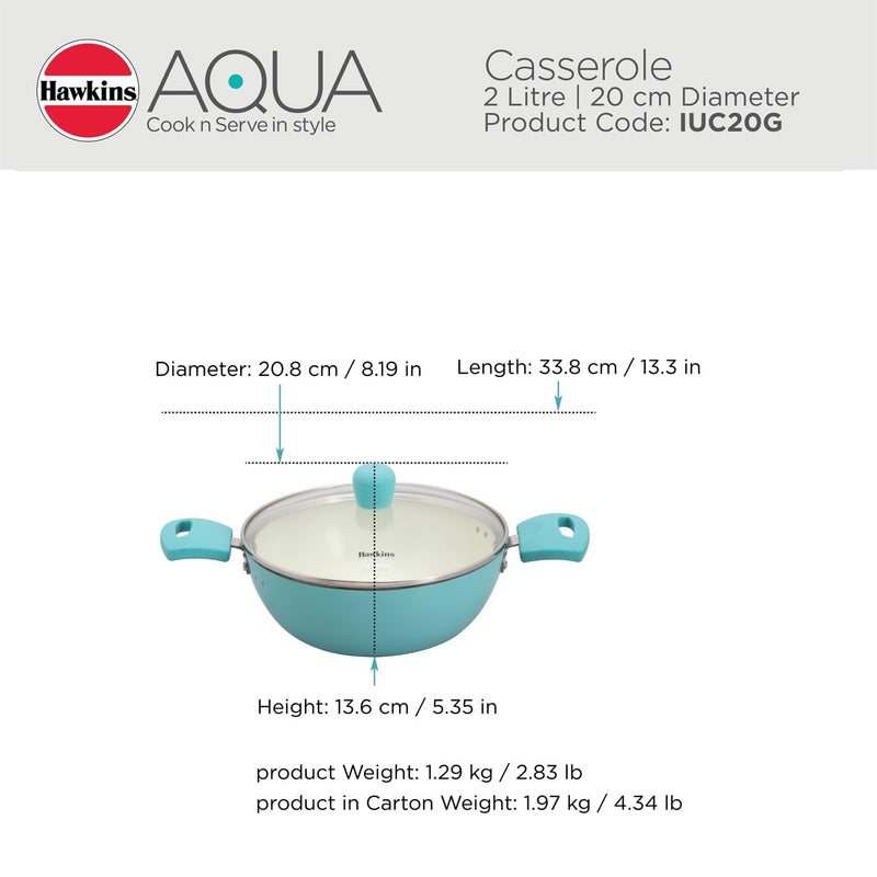 Hawkins 2 Litre Cook n Serve Casserole, Aqua Casserole with Glass Lid, Aqua Blue (IUC20G)