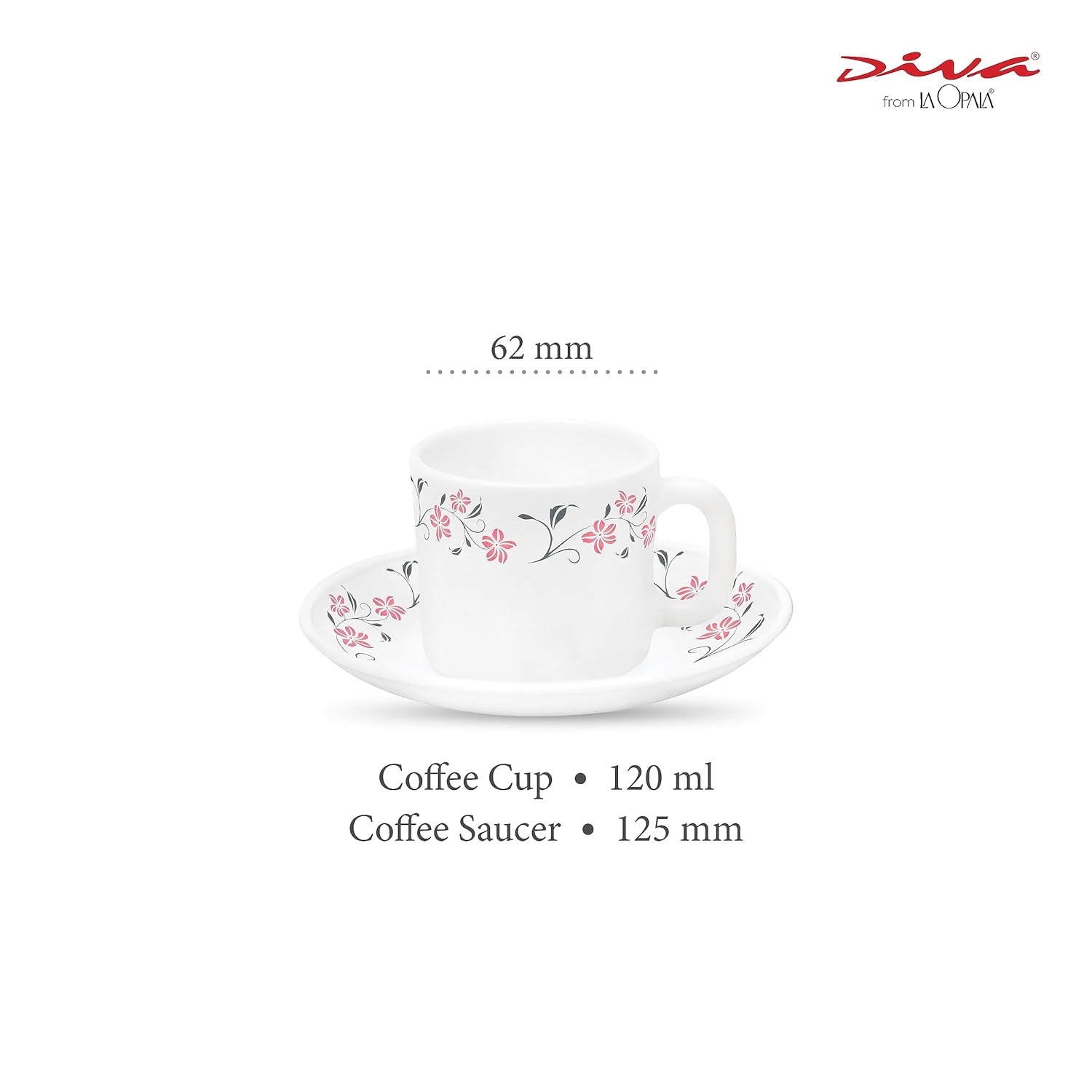 La Opala Diva, Opal Glass Crockery | Coffee Cup & Saucer Cylinder, Set of 12 | Grace Red, 120 ml | for Tea & Coffee | Microwave Safe | 100% Vegetarian | Extra Strong | Super Light | Super White