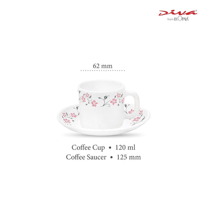 La Opala Diva, Opal Glass Crockery | Coffee Cup & Saucer Cylinder, Set of 12 | Grace Red, 120 ml | for Tea & Coffee | Microwave Safe | 100% Vegetarian | Extra Strong | Super Light | Super White