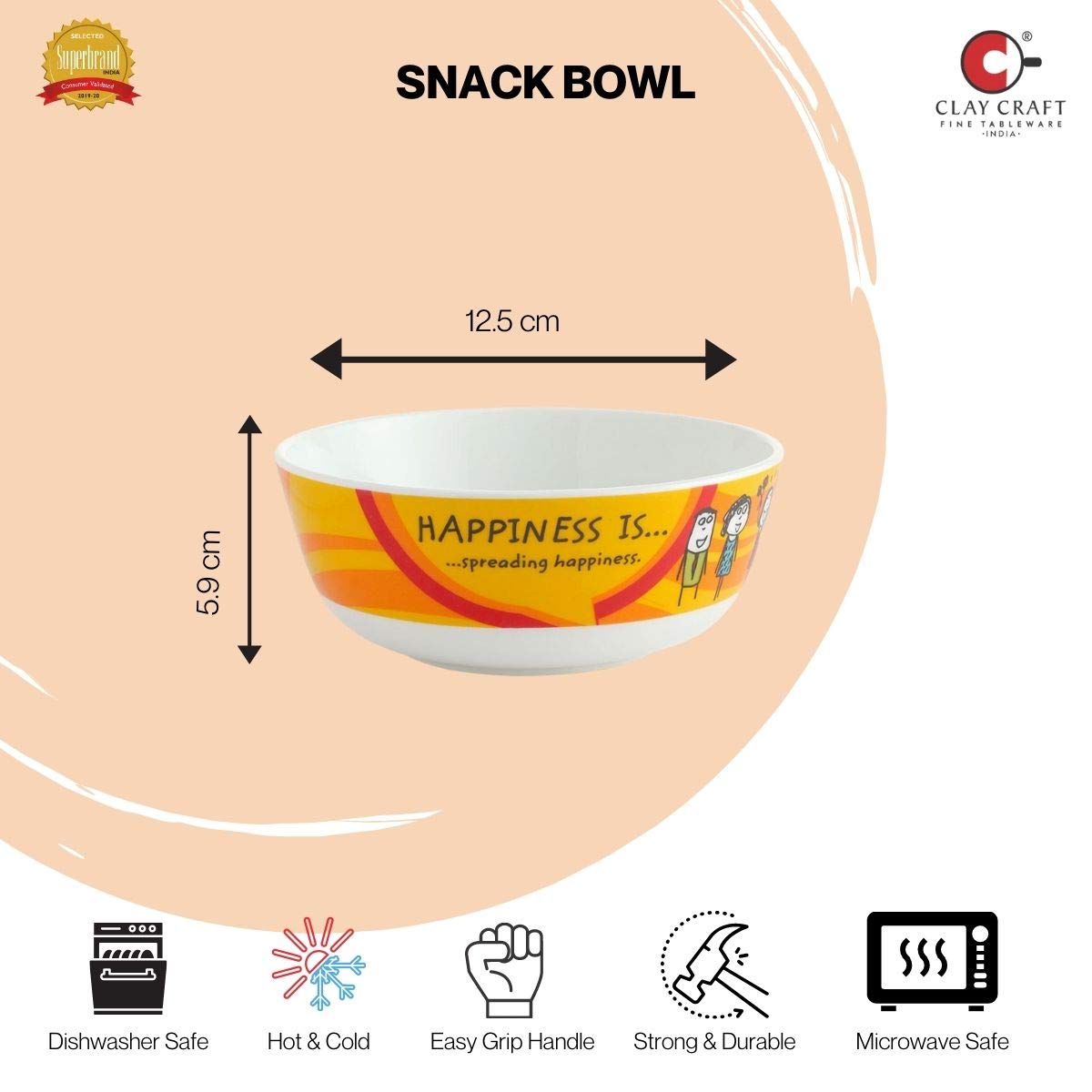 Clay Craft Ceramic Happiness Is Snack/Cereal Bowl, Multicolour, Set Of 4