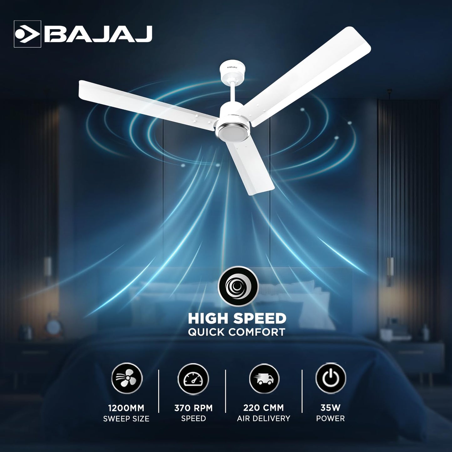 Bajaj Classico Sleek Plus 1200MM (48") BLDC Ceiling Fans For Home | BEE 5 Star Rated Energy Efficient Ceiling Fan | High Energy Density Motor | RF Remote | 2-Yr Warranty 【Base White】