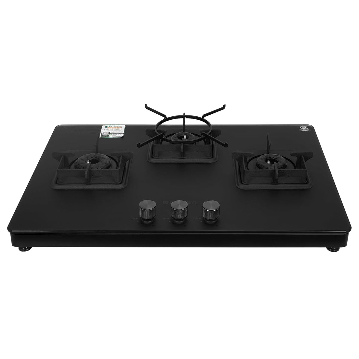 Faber Evoke 3 Burner 65Cm Cooktop |Auto Ignition| |Metal Knobs| MS Diamond coated Pan Support | Matt Black Glass Finish 