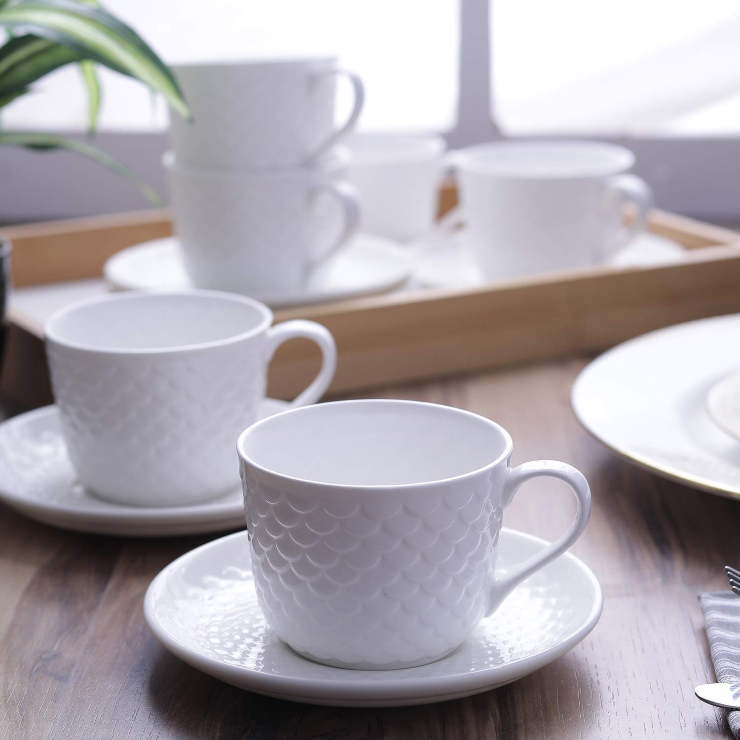Clay Craft Basics Ripple Style White Plain Cup & Saucer Set of 12 Pcs- 8 Ounce Specialty Tea Drinks,Coffee,Latte