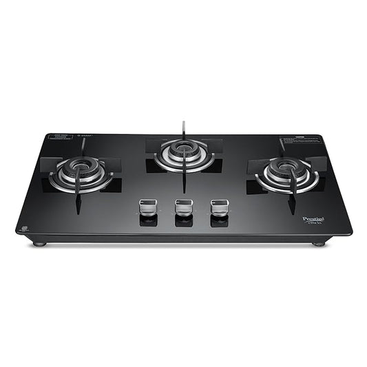 Prestige Efficia Convertible 3 Burner Glasstop Hob|One-Touch Advance Auto-Ignition|Cast-Iron Pan Support|Toughened Glass|SABAF Burners|Ultra-Slim Body|5 Years Warranty on Glass|Black