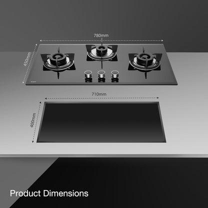 KAFF 3 Burners Built-in Hob & Hobtop with Digital Timer -8 MM |Auto Electric Ignition Glass Top| Enamelled Matt Finish, Easy Metal Grip Knobs, Toughened Glass (Black,78CM)
