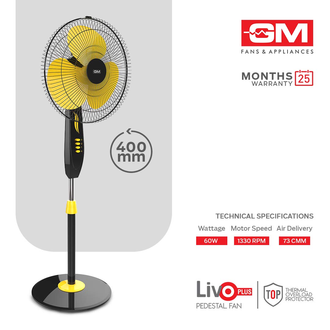 GM Livo Plus 400 mm NS Pedestal Fan (Yellow)-3