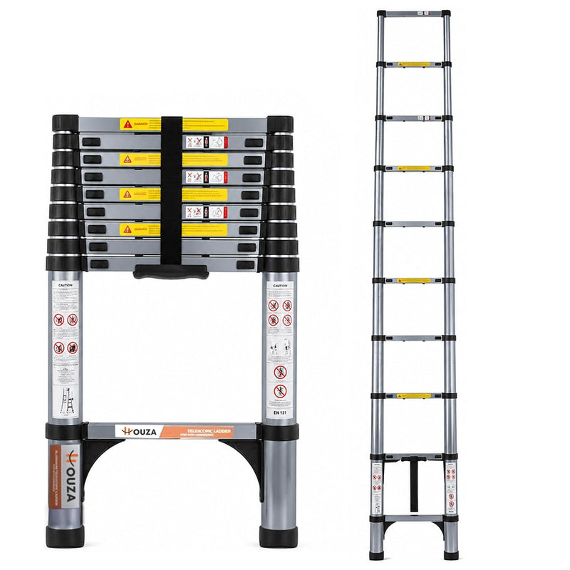HOUZA 3.9m (13 ft) Steel Telescopic Ladder | 10-Step Foldable Extension Ladder | Portable & Collapsible Ladder for Home, Industrial & Outdoor Use | EN131 Certified | 1 Year Warranty(Silver & Black)