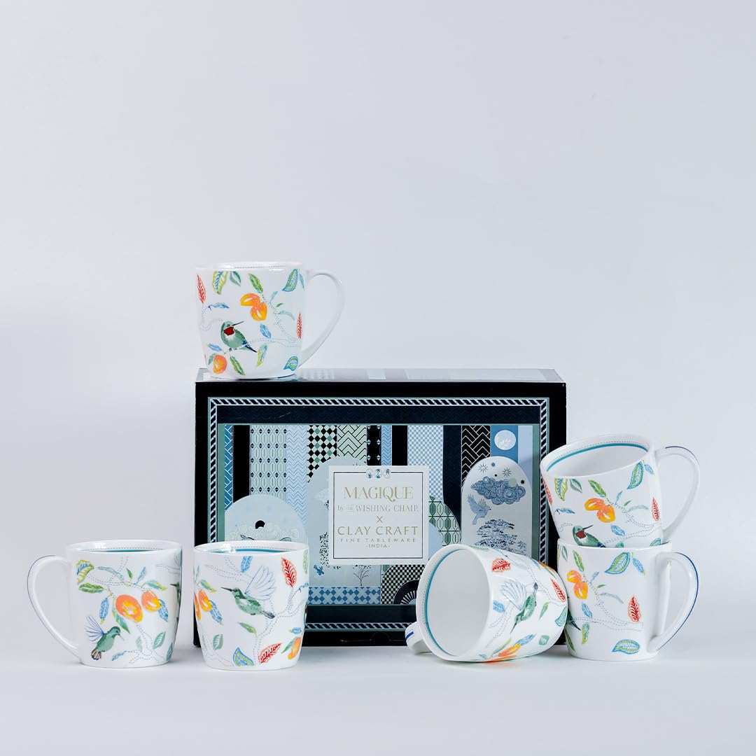 Magique by The Wishing Chair x ClayCraft : Mango Paradise Summer Fine China Ceramic Mug Set of 6 | 200 ml | Tea Cup Set of 6 | Mugs for Coffee | Ideal for Gifting | Perfect for Home & Office
