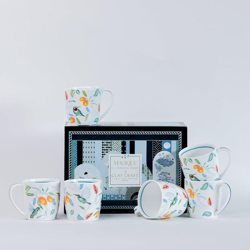 Magique by The Wishing Chair x ClayCraft : Mango Paradise Summer Fine China Ceramic Mug Set of 6 | 200 ml | Tea Cup Set of 6 | Mugs for Coffee | Ideal for Gifting | Perfect for Home & Office