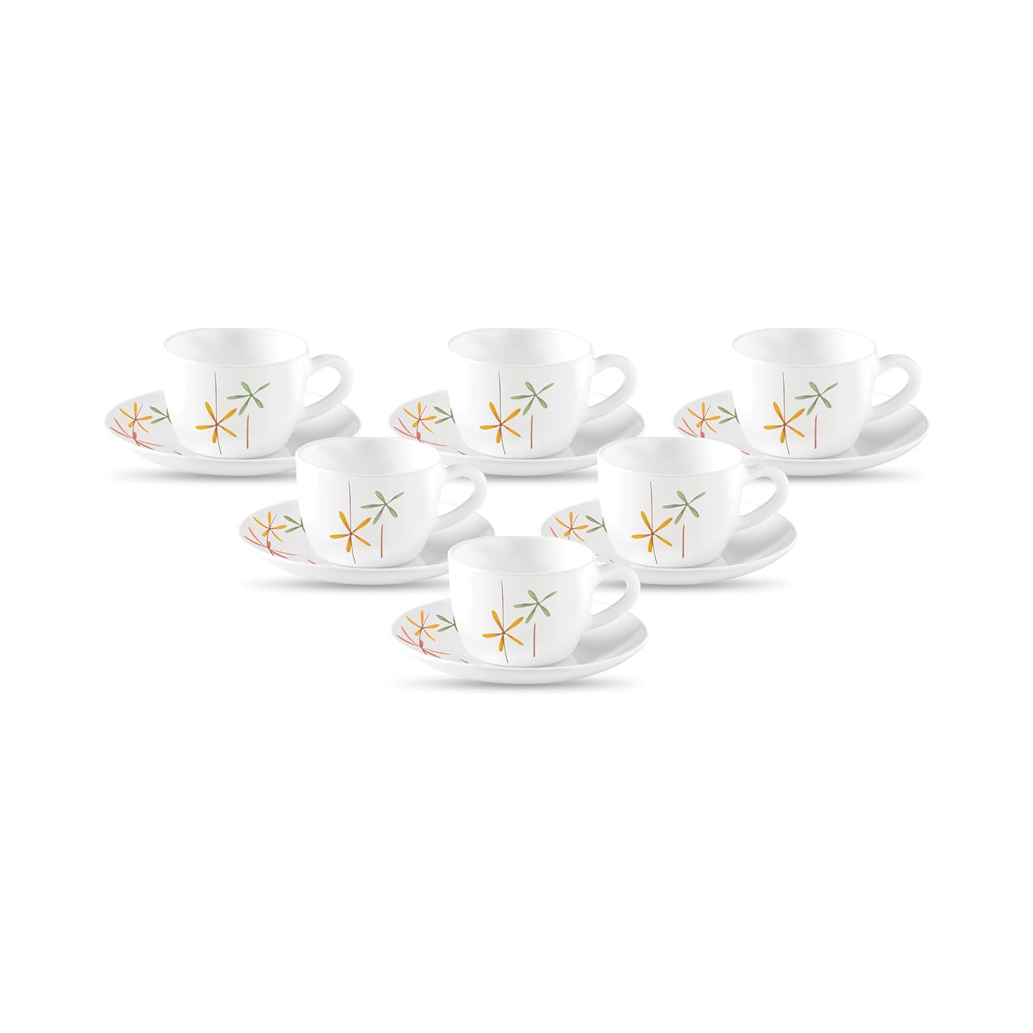 La Opala, Novo Collection Opal Glass Crockery | Cup & Saucer Princess, Set of 12 | Autumn Flower, 150 ml | for Tea & Coffee | Microwave Safe | 100% Vegetarian | Extra Strong | Super Light & White
