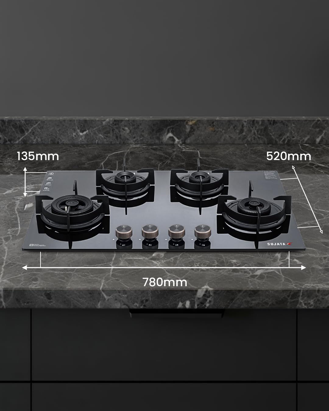 Sujata Hob Gas Stove 4 Burners Glass Top | 5 Years Warranty | 4 Burner Gas Stove Glass Top Auto Ignition, CookTop cum Hob Top, LPG & PNG Compatible, Brass Burner (Indium Auto Ignition - Black)