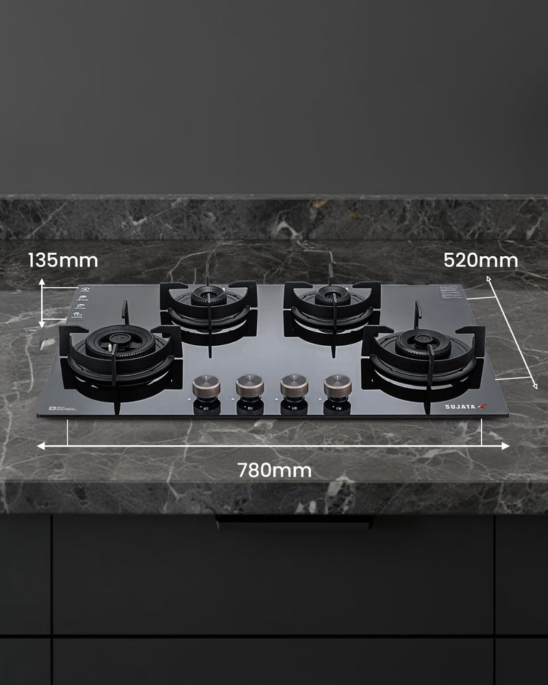 Sujata Hob Gas Stove 4 Burners Glass Top | 5 Years Warranty | 4 Burner Gas Stove Glass Top Auto Ignition, CookTop cum Hob Top, LPG & PNG Compatible, Brass Burner (Indium Auto Ignition - Black)