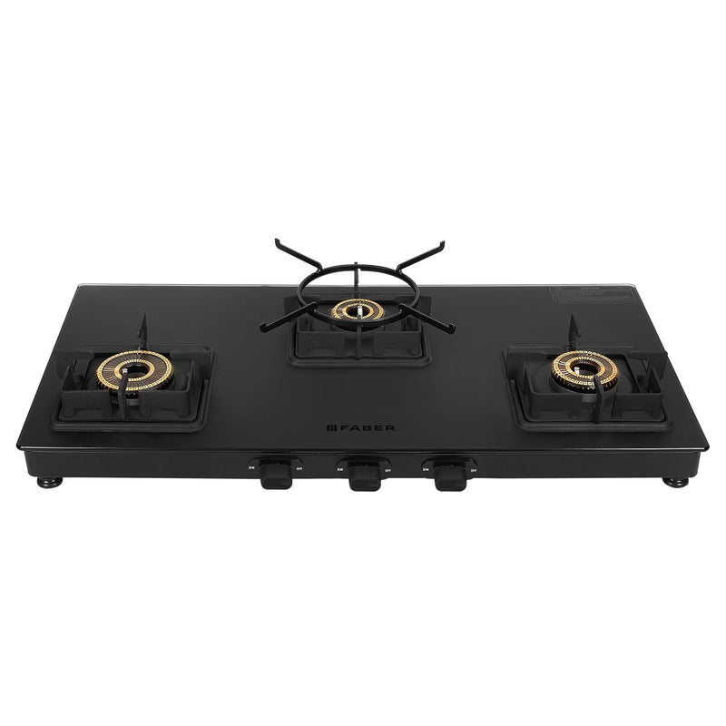 Faber 3 Burner 77Cm Cooktop |Auto Ignition| |Metal Knobs| MS Diamond Coated Pan Support | Matt Black Glass Finish |5 Yrs