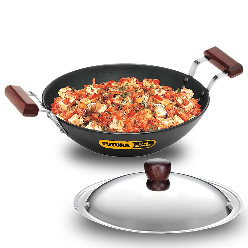 Hawkins Futura 2 Litre Deep Fry Pan, Hard Anodised Kadai with Glass Lid, Flat Bottom Kadhai, Black (AD20G)