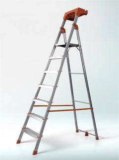 HOUZA Aluminium Ladder for Home 7 Steps Foldable with Tool Tray & Anti-Skid Wide Steps | Multi-Purpose Heavy Duty Ladder, Kitchen & Household | 250 Kg Load Capacity | 5 Year Warranty (Orange)