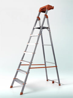 HOUZA Aluminium Ladder for Home 7 Steps Foldable with Railing & Anti-Skid Wide Steps | Multi-Purpose Heavy Duty Ladder, Kitchen & Household | 250 Kg Load Capacity | 5 Year Warranty (Orange)