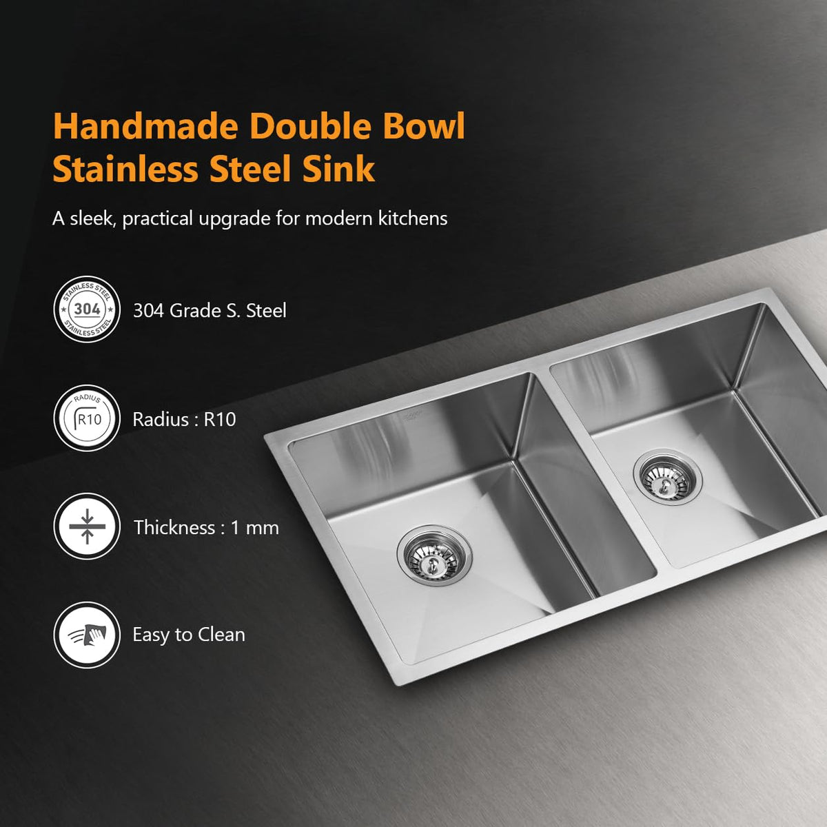 Kaff Marco Handmade Stainless Steel Kitchen Sink 34 x 18 Inch | 304 Grade SS | Satin Finish