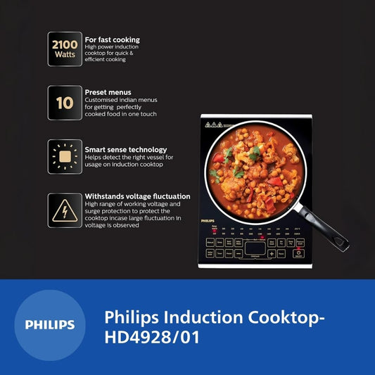 Philips Viva Collection Hd4938/01 2100-Watt Glass Induction Cooktop With Sensor Touch & Full Crystal Glass (Black)
