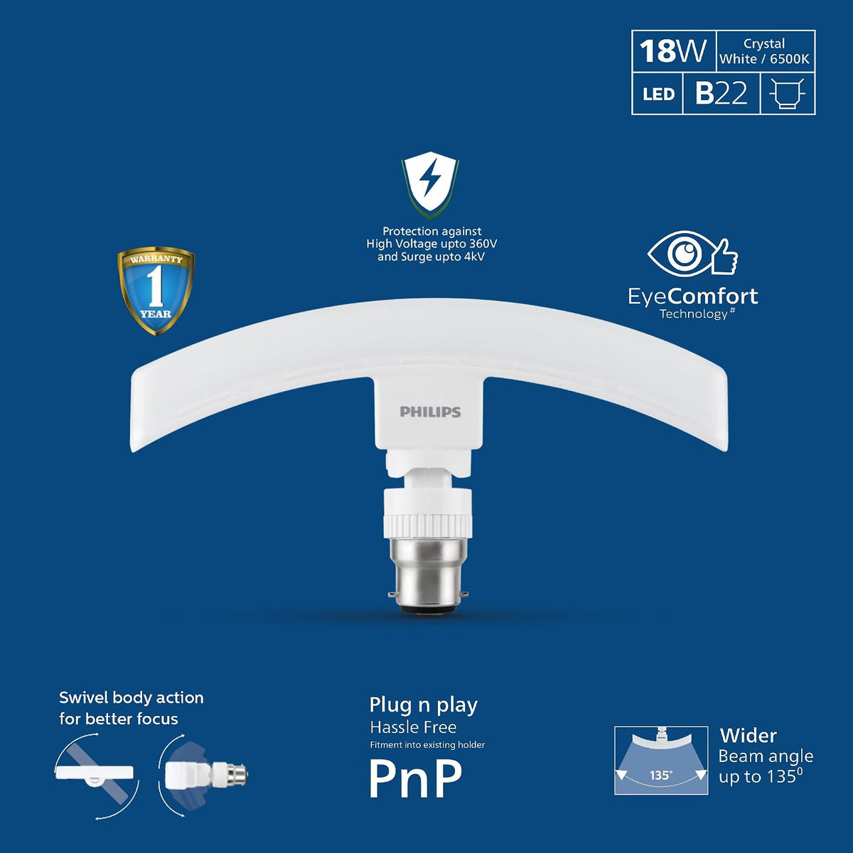 Philips 18 Watts Stellar Bright Curvy LED T-Bulb Base B22,Crystal White (Pack of 6)