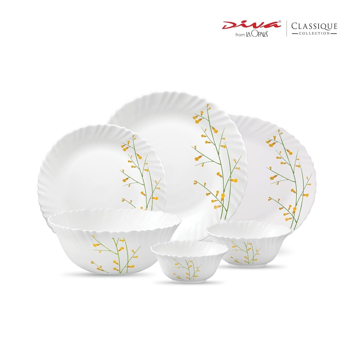 La Opala Diva Classique Collection Opal Glass Crockery | for Family of 6 | Dinner Set 27 pcs Citron Weave | Plates & Bowls for Dining | Microwave Safe | 100% Vegetarian | Extra Strong | White