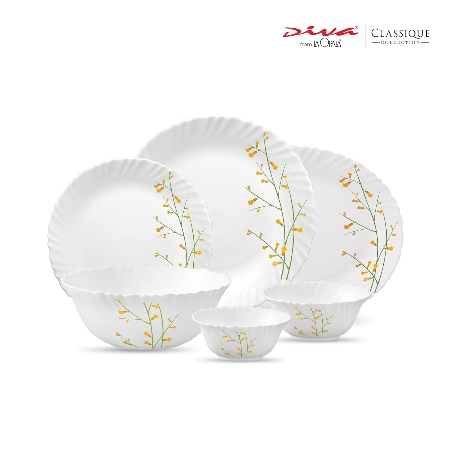 La Opala Diva Classique Collection Opal Glass Crockery | for Family of 6 | Dinner Set 27 pcs Citron Weave | Plates & Bowls for Dining | Microwave Safe | 100% Vegetarian | Extra Strong | White