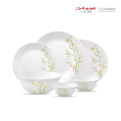 La Opala Diva Classique Collection Opal Glass Crockery | for Family of 6 | Dinner Set 27 pcs Citron Weave | Plates & Bowls for Dining | Microwave Safe | 100% Vegetarian | Extra Strong | White