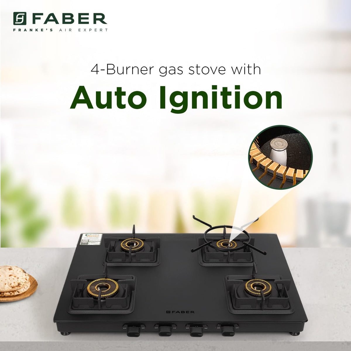 Faber 4 Burner 63Cm Cooktop |Auto Ignition| |Metal Knobs| MS Diamond Coated Pan Support | Matt Black Glass Finish |5 Yrs
