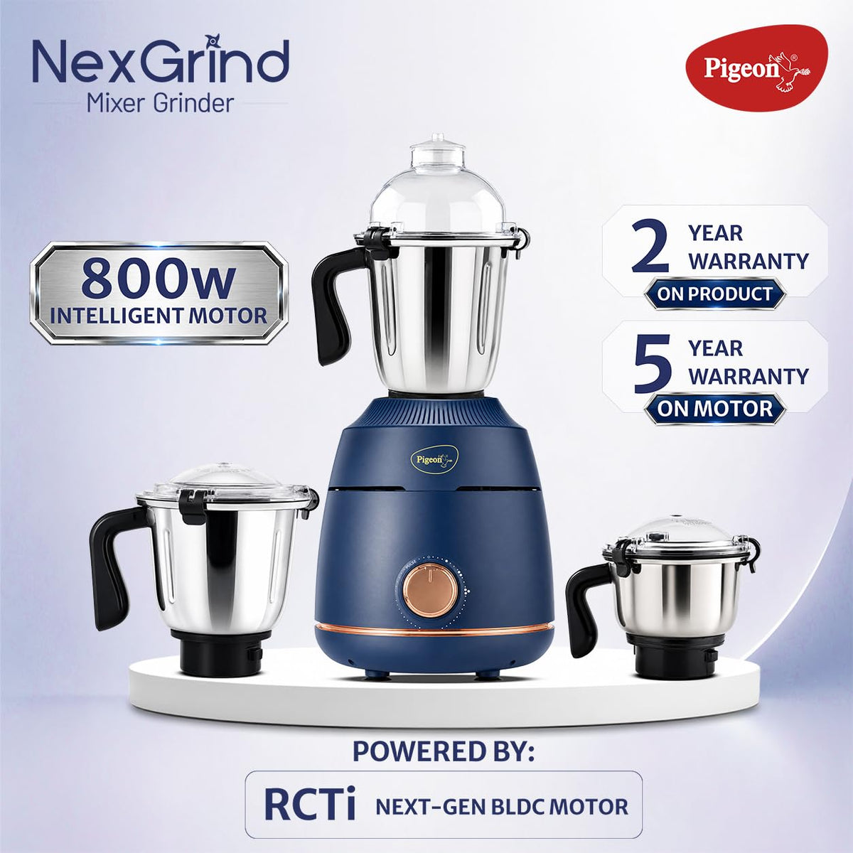 Pigeon Nex Grind 3 jar Blue color Mixer Grinder | 800W Powerful BLDC motor