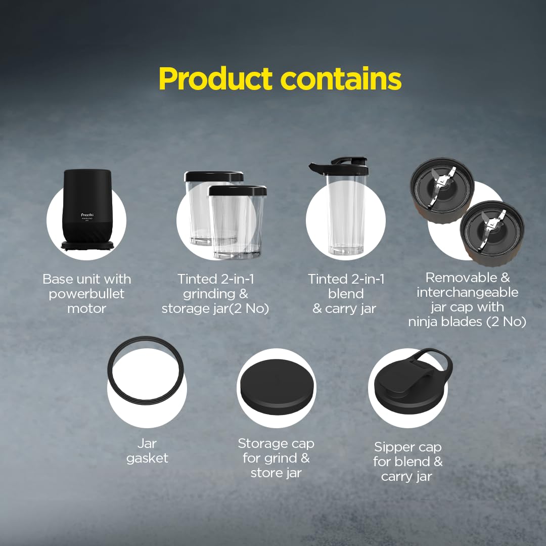 Preethi MiniBlend Plus Plastic Blender, 3 Jars, 300W for Blend, Grind & Store, Black