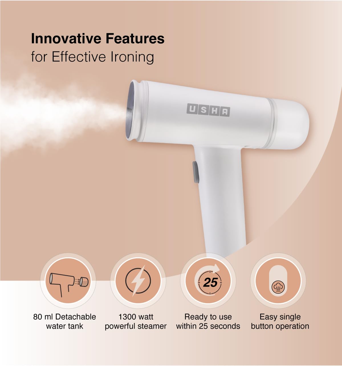 Usha Techne Direct 500, 1300Watt Garment Steamer for Powerful Vertical Steaming | Powerful Steam Output Upto 20gm/min | 80ml Water Tank Capacity | Light Weight & Portable | 2 Years Warranty | (White)