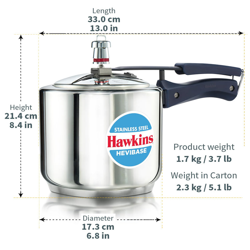 Hawkins 3 Litre Tall Stainless Steel Hevibase Pressure Cooker, Impact Bonded Base, Inner Lid Cooker, Silver (HSI3T)
