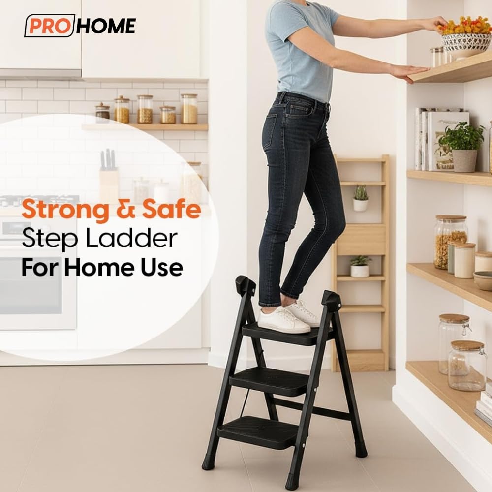 PROHOME Steel Ladder for Home 3 Steps Foldable with Anti-Skid Wide Steps (30cm x 20cm) | 3 Step Ladder for Home Use with D-Shape Rods | Secure Lock | 170 Kg Capacity Folding Ladder | 5 Year Warranty