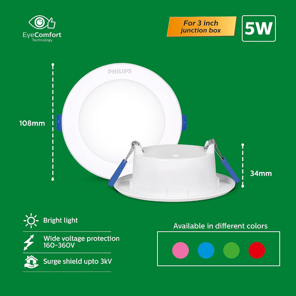Philips Starfit 5 watt Concealed JB LED downlighter for Ceiling with 3 inch Cut-Out (Natural White, Pack of 2)