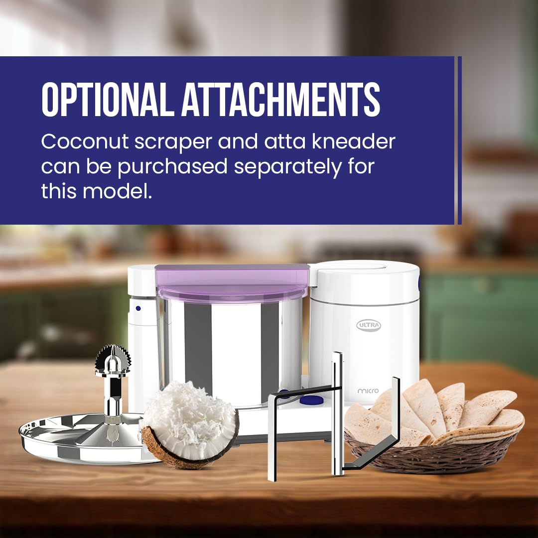 ULTRA Abs Plastic Micro 1.75 Litre Table Top Wet Grinder - White| Fast Grinding Conical Stones,85W Power & 5 Years Warranty|AISI 304 Food-Grade SS Multi Utility Cylindrical Type Drum