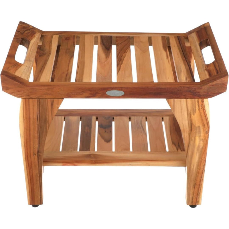 Teak Wood Shower Bench - Waterproof, Durable, Compact Spa Stool for Indoor & Outdoor Use - Non-Slip Rubber Feet