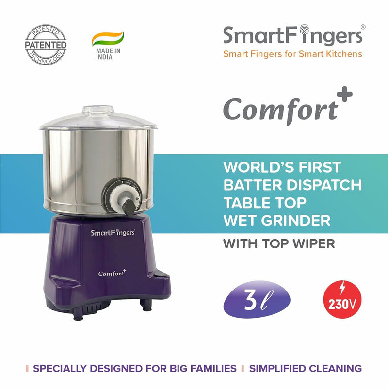 SmartFingers Comfort + Table Top Wet Grinder 230V, 3 Liter, Violet with Coconut Scrapper & Atta Kneader Attachment | Hands-Free Batter Dispenser | Top Wiper, 220W Motor | 5 Years Warranty | AISI 304