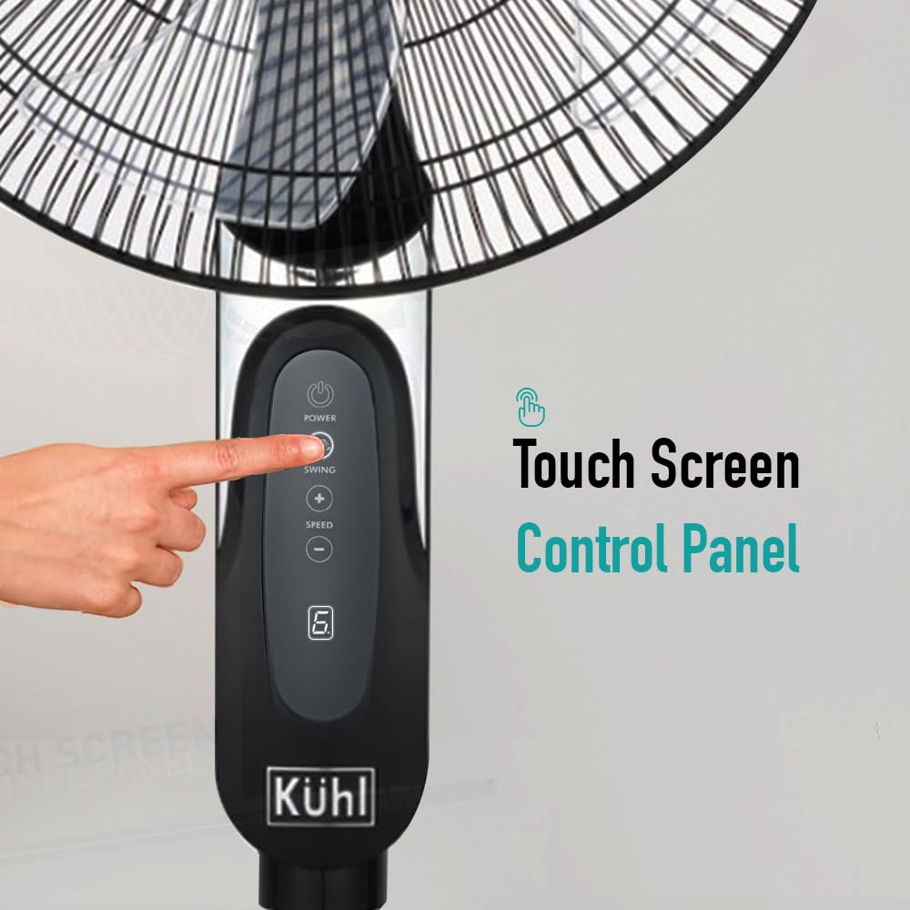 KUHL Inspira P1 | 400mm | BLDC Pedestal Fan with Remote | 5 wings | Touch Screen Control Panel | Height Adjustment | Tilt Mechanism, Swivel Function | Low Noise | Black